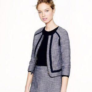 J. Crew Women's Navy Blue White Tweed 3/4 Sleeve Zipper Blazer Jacket Size 6